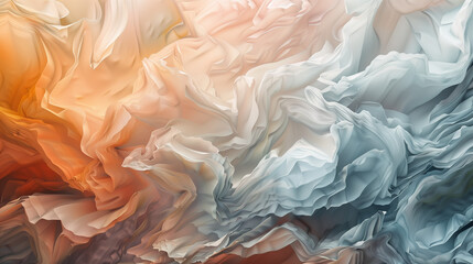 Abstract fluid art background with pastel colored waves and soft ripples, flowing fabrics in different shades of white, beige, gray, orange, and blue, creating an ethereal atmosphere in the style of f