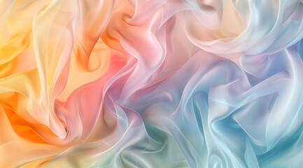 Abstract fluid art background with pastel colored waves and soft ripples, flowing fabrics in different shades of white, beige, gray, orange, and blue, creating an ethereal atmosphere in the style of f