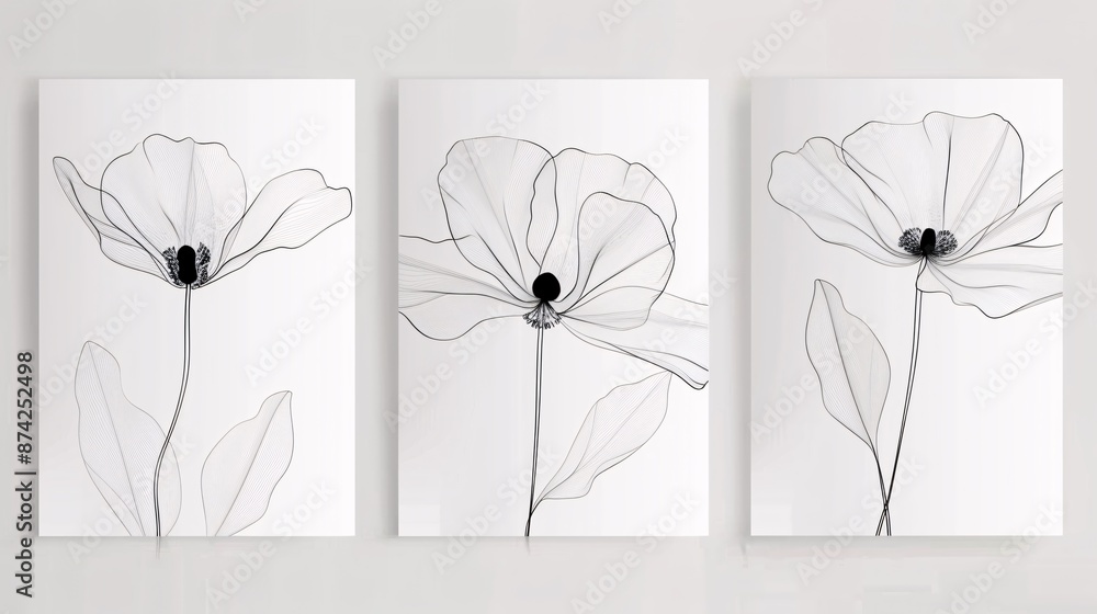 Poster a triptych of art posters with a continuous line drawing of a flower, each panel contributing to the