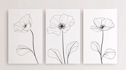 A trio of minimalist art posters showcasing a continuous line drawing of a flower on a pristine white background, perfect for modern decor