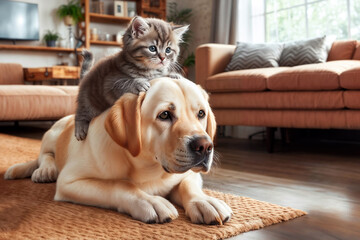 Obraz premium Cute kittens ride on the backs of dogs and tease each other. in the living room.