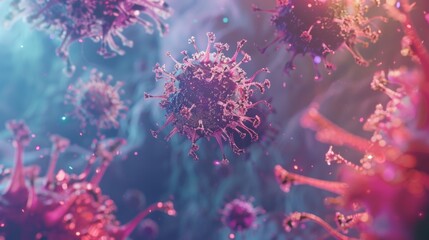 A close-up microscopic view of virus particles, depicting their complex structure and potential for spreading.