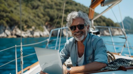 Mature Man Sailing Yacht on Peaceful Ocean with Laptop