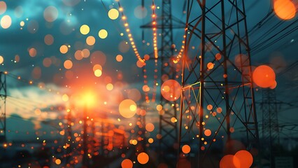 Abstract depiction of an energy grid with power lines and glowing lights, symbolizing modern electricity and energy distribution.