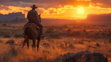 Obraz premium Cowboy riding a horse in the open plains, sunset, rugged landscape, panoramic view, western lifestyle.,