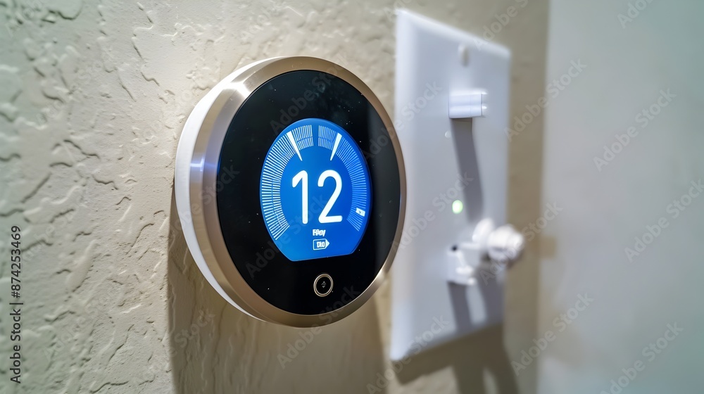 Aufkleber close-up view of a sleek smart thermostat with digital interface for home automation and energy