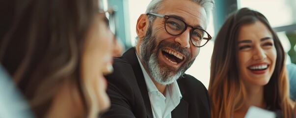 Happy businesspeople laughing together during a meeting, enjoying work.