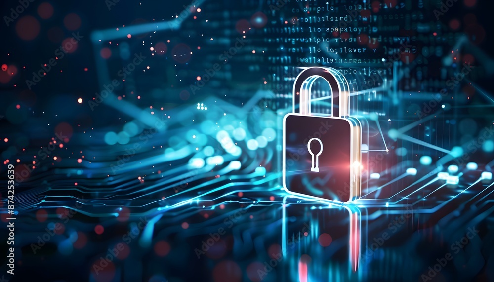 Poster digital padlock for computing system on dark blue background, cyber security technology for fraud pr