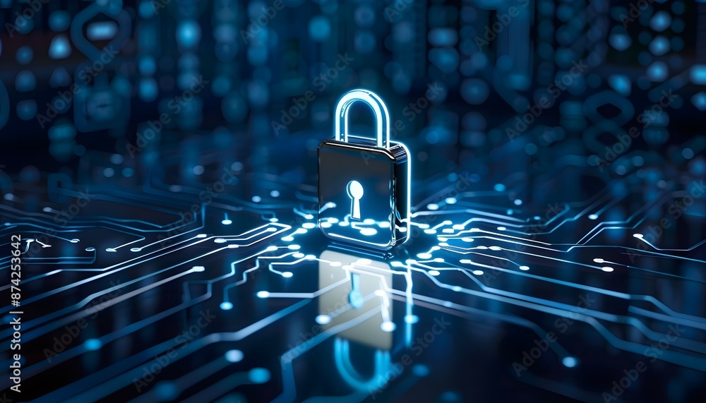 Poster digital padlock for computing system on dark blue background, cyber security technology for fraud pr