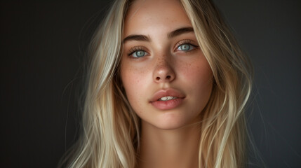 Naklejka premium European Blond Young Woman Look at Camera. Beauty Face, Make-up and Hairstyle. Casual Portrait close up with long blond hair 