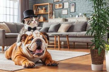 A high society cat rides on the back of a bulldog, living room background in the house.