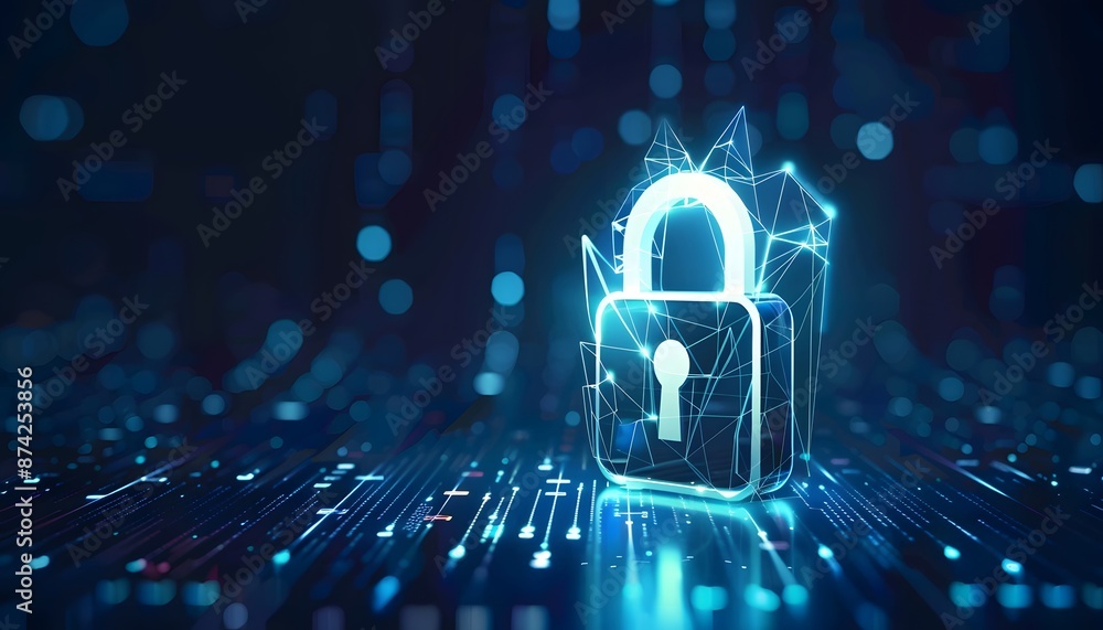 Poster digital padlock for computing system on dark blue background, cyber security technology for fraud pr