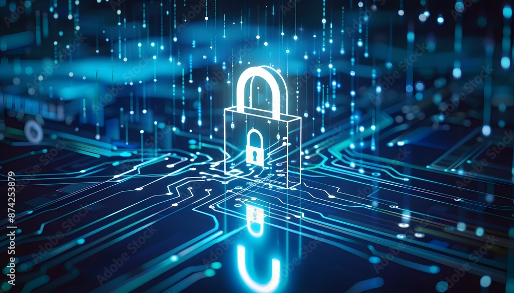 Poster digital padlock for computing system on dark blue background, cyber security technology for fraud pr