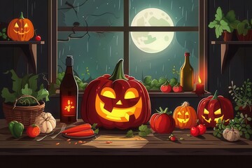 Dark dining table, sinister snacks, spooky carved vegetables, flat design illustration
