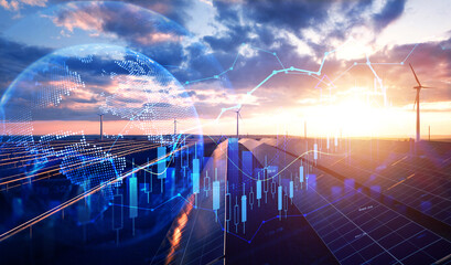 Increase or rising in electricity prices on the world market. Photovoltaic power station with...