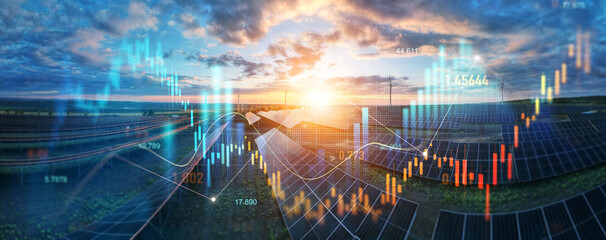Increase or rising in electricity prices on the world market. Photovoltaic power station with...