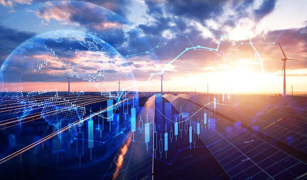 Increase or rising in electricity prices on the world market. Photovoltaic power station with double exposure of digital financial chart graphs and stock market.Green energy in full development.