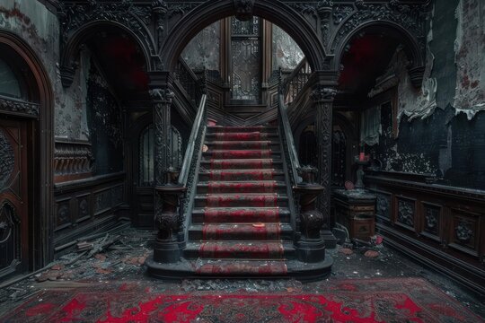 Dark gothic embellishments in an old mansion, Halloween night hoax, eerie and sinister setting