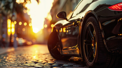 Sports Car Close-Up on a Street at Sunset
