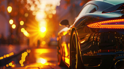 Sports Car Close-Up on a Street at Sunset