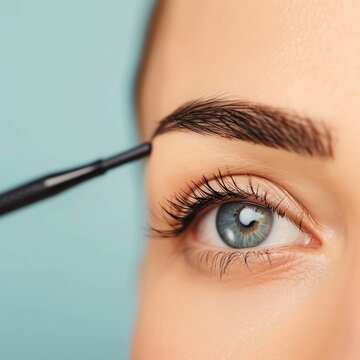 Close-up of a woman's eye with eyebrow pencil being applied.