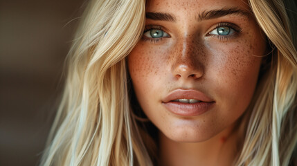 Fototapeta premium European (Swedish) Blond Young Woman Look at Camera. Beauty Face, Make-up and Hairstyle. Casual Portrait close up with long blond hair 