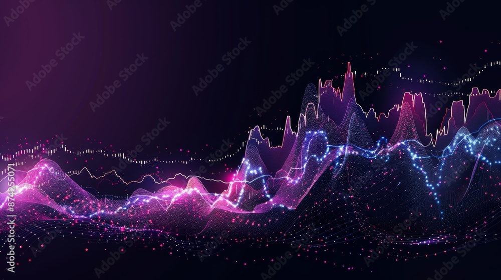 Poster abstract digital waveforms in vibrant purple and blue tones representing data analysis, technology o