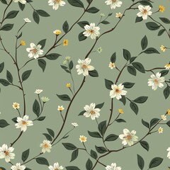 Seamless floral pattern with white flowers and green leaves on a sage green background.