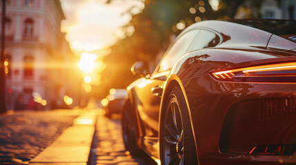 Sports Car Close-Up on a Street at Sunset