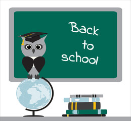 Stacks of books, a wise owl in a graduate hat sits on a globe. Green background chalkboard inscription back to school. Modern design template banner. Vector