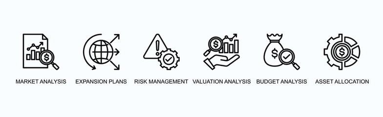Strategic Financial Planning Banner Web Icon Vector Illustration Concept With Market Analysis, Expansion Plans, Risk Management, Valuation Analysis, Budget Analysis, Asset Allocation
