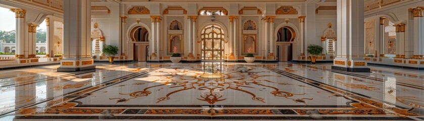 Obraz premium Luxurious grand hall with intricate marble flooring, tall pillars, and sunlight pouring through large windows. Opulent interior design and architecture.