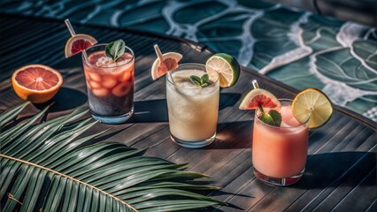 Obraz premium Tropical Fruit Cocktails with various fruits and coconut leaf in the background