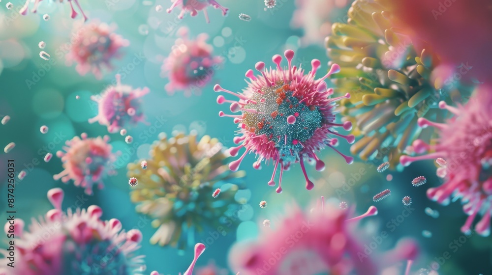 Fototapete a close-up, digital rendering of virus particles in various colors floating in a blue background.