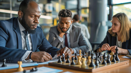 A diverse group of business professionals strategizing over a chessboard in a modern office setting