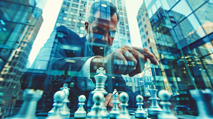 Businessman making a decisive move on a glass chessboard, reflecting city skyscrapers