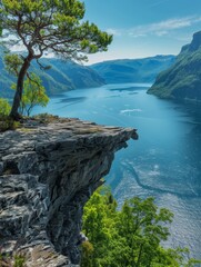 Obraz premium fjord, flat rock ledge in the foreground for the product, mountains in summer in the background, bright colors, sky with no clouds, real hd photo\ 