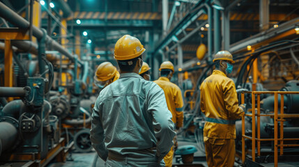 Fototapeta premium Backview Portrait of Diverse Industrial Workers Operating in a Factory