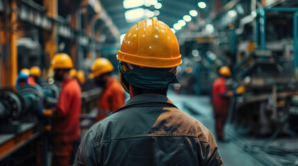 Obraz premium Backview Portrait of Diverse Industrial Workers Operating in a Factory