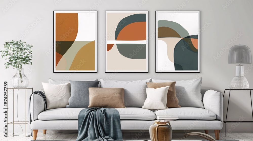 Poster three modern abstract art posters with a continuous minimalistic pattern, seamlessly connected on a 