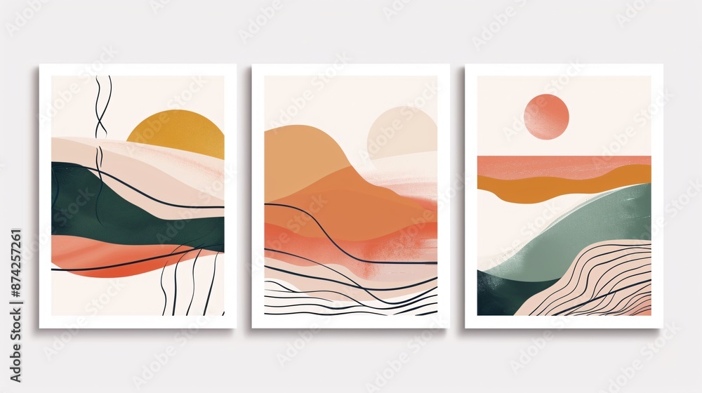 Poster three interconnected modern abstract posters with a continuous minimalistic image, elegantly spread 