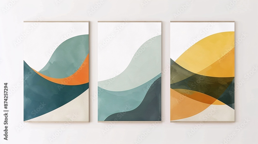 Poster three abstract art posters featuring a continuous minimalistic image, each piece aligned on a white 