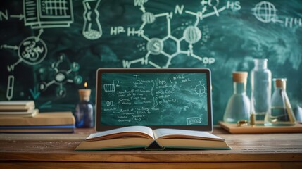 Open book and laptop on desk in science classroom with chalkboard displaying chemistry diagrams and formulas, glassware in the background.