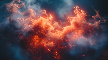 Fototapeta premium Abstract flames in fiery shades of red, orange, and yellow erupt across a black background, evoking a sense of burning heat and explosive energy