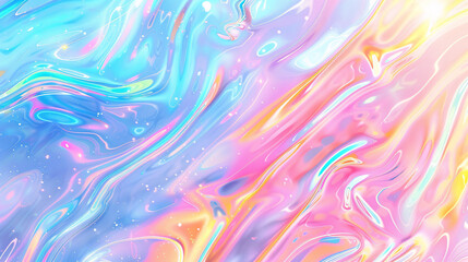 Fototapeta premium Holographic Gradient Neon Wide Banner: Featuring a wide banner with a holographic gradient neon background, characterized by fashionable pastel rainbow unicorn colors