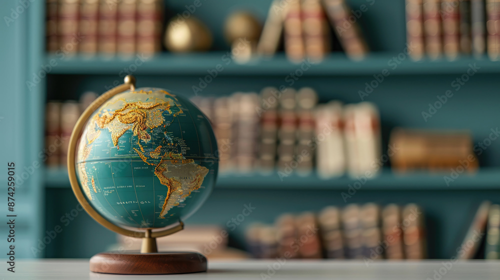 Poster globe on bookshelf symbolizing global literacy, knowledge, with copy space, focus on all objects, de