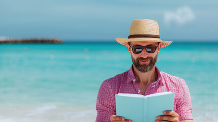 Digital nomad reading e-book on beach, travel, Literacy Day concept, books on the go, copy space, focused on objects, deep depth