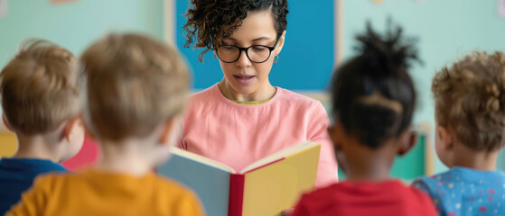 Colorful classroom with teacher reading to children, early education concept, Literacy Day celebration, fostering love for reading, copy space, deep depth of field