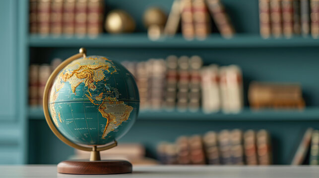 Globe on bookshelf symbolizing global literacy, knowledge, with copy space, focus on all objects, deep depth of field.