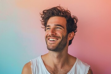 Obraz premium Portrait of a grinning man in his 30s donning a trendy cropped top over pastel or soft colors background